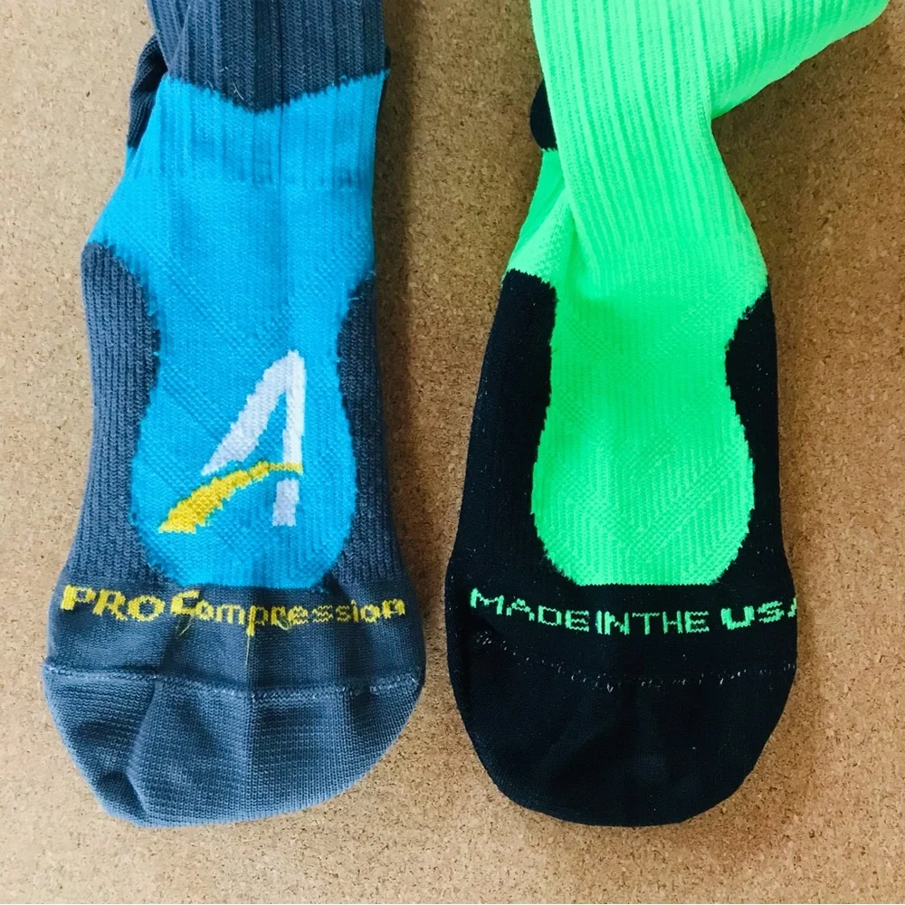 Two pairs of XS ProCompression Compressjon Socks—Neon Green & Blue/Gray Striped - Picture 2 of 4